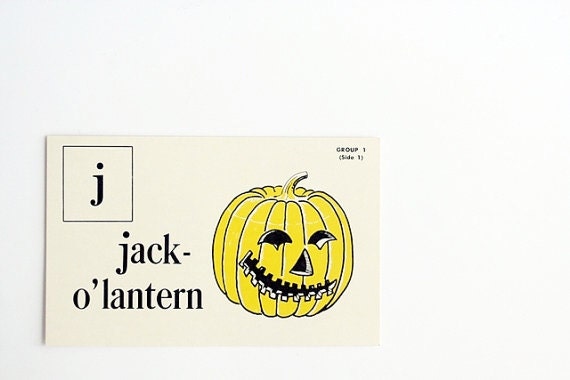 1955 J is for Jack O'Lantern Vintage Flash Card - Large Size - Kenworthy Visual Aid Picture Phonic Card, Halloween, Pumpkins, Fall Fun