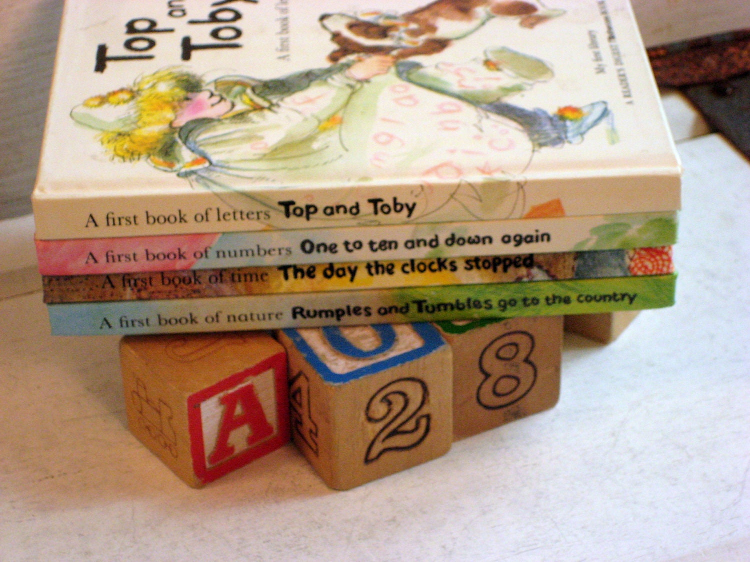 Vintage children's books, set of four, Reader's Digest, My First Library letters, numbers, time and nature books, 4 x 6 inch, 1980