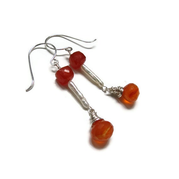 Carnelian and Freshwater White Stick Pearl Sterling Silver Dangle Earrings ... Peaches and Cream - OpheliaJaine