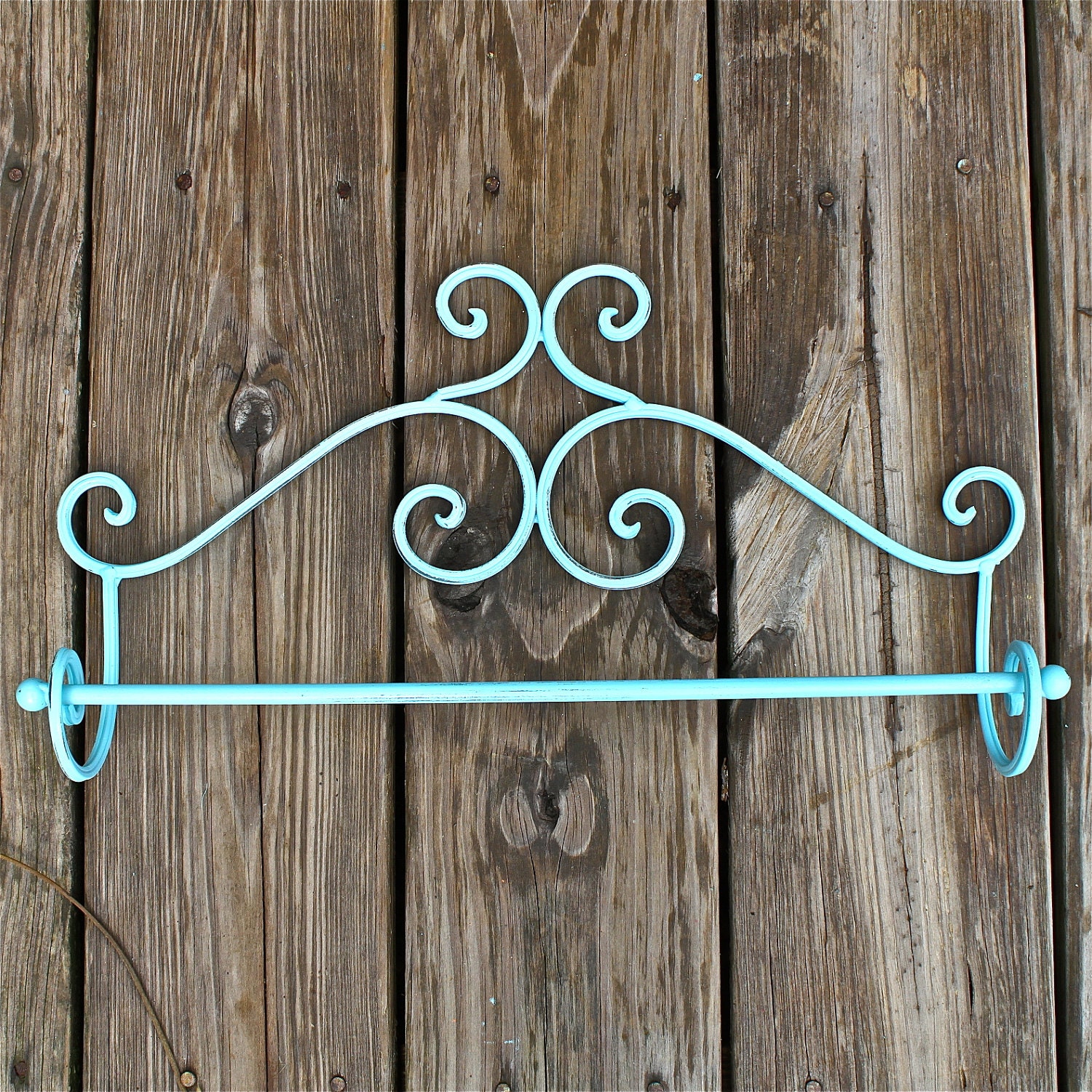 Aqua Metal Towel Rack /Distressed Iron Holder /Decorative Bathroom Fixture/ Painted Accessory Rack /Bright Shabby Chic