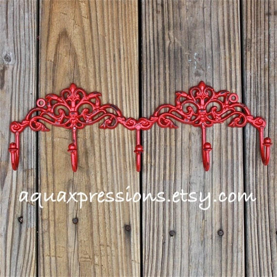 Red Metal Wall Hook Jewelry/ Key Holder/ Bath Towels/ Laundry /Mud Room Accessory/ Organizer/ Bathroom/ Bedroom/ Ornate Cast Iron