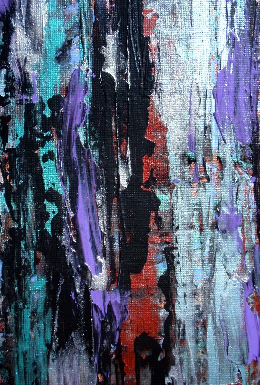 Midnight Acrylic Mixed Media Metallic Painting On Paper With White Iridescent Medium, Blue-Green, Purple, Black, Red-Copper