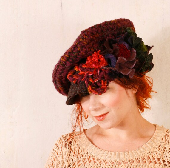 Woman burgundy hat Woman crochet hat Red newsboy hat Woman warm hat Chunky knit hat red Holiday hat Red slouchy hat Winter fashion