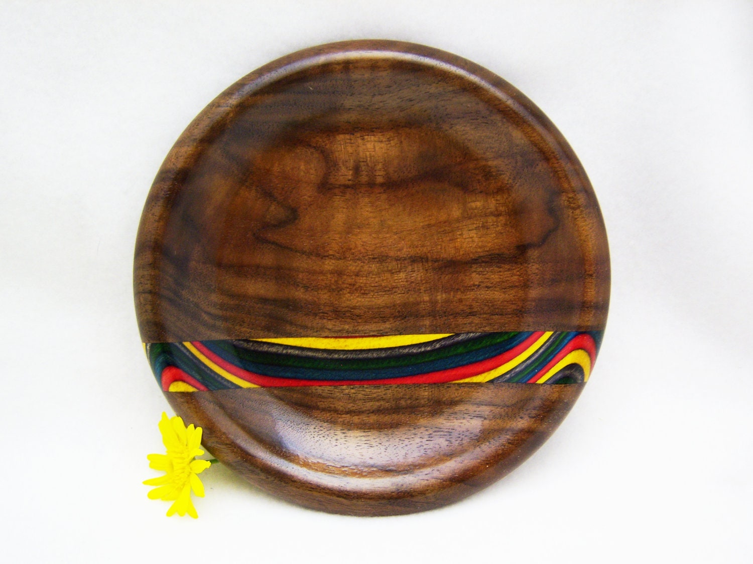 Black Walnut Plate with Rainbow Birch Stripe - Decorative Wood Plate