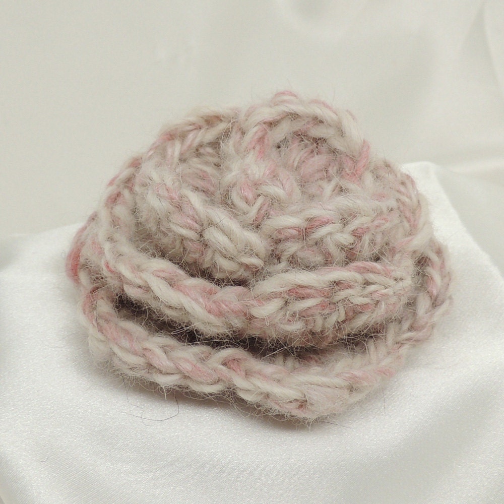 Rose and White Crocheted Rose with Pin Back