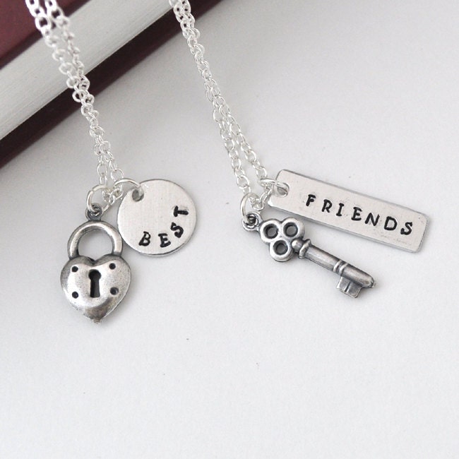 best friend necklace in silver, friendship necklace, bff, key and lock necklace, besties, couple necklace by jewelmango