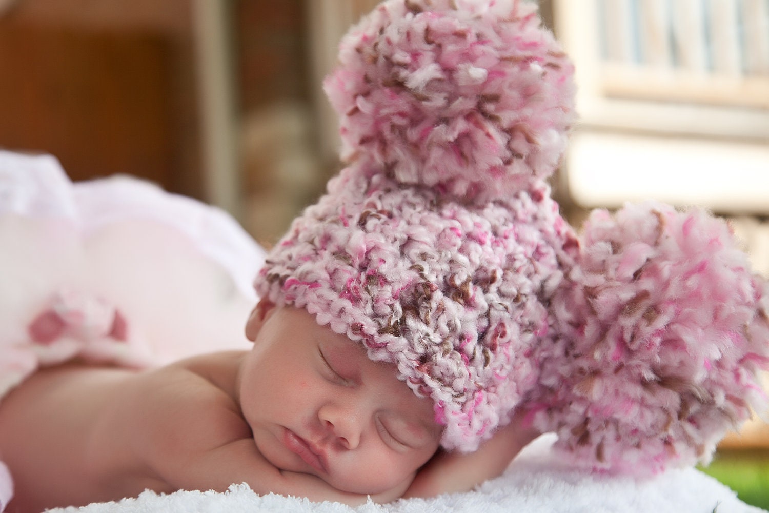 Baby Hat, Preemie or Newborn Baby Girl Soft Chunky Crochet Pom Pom Mouse Ear Animal Hat - Neapolitan Pink, Brown - Photography Prop Hat