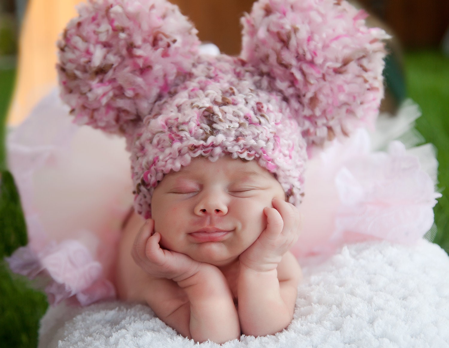 Baby Hat, Preemie or Newborn Baby Girl Soft Chunky Crochet Pom Pom Mouse Ear Animal Hat - Neapolitan Pink, Brown - Photography Prop Hat