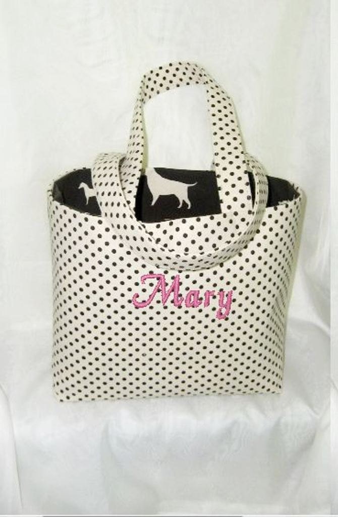 Tote Bag Fabric Handmade Tote Custom Embroidered with Monogram Dots and Dog Print