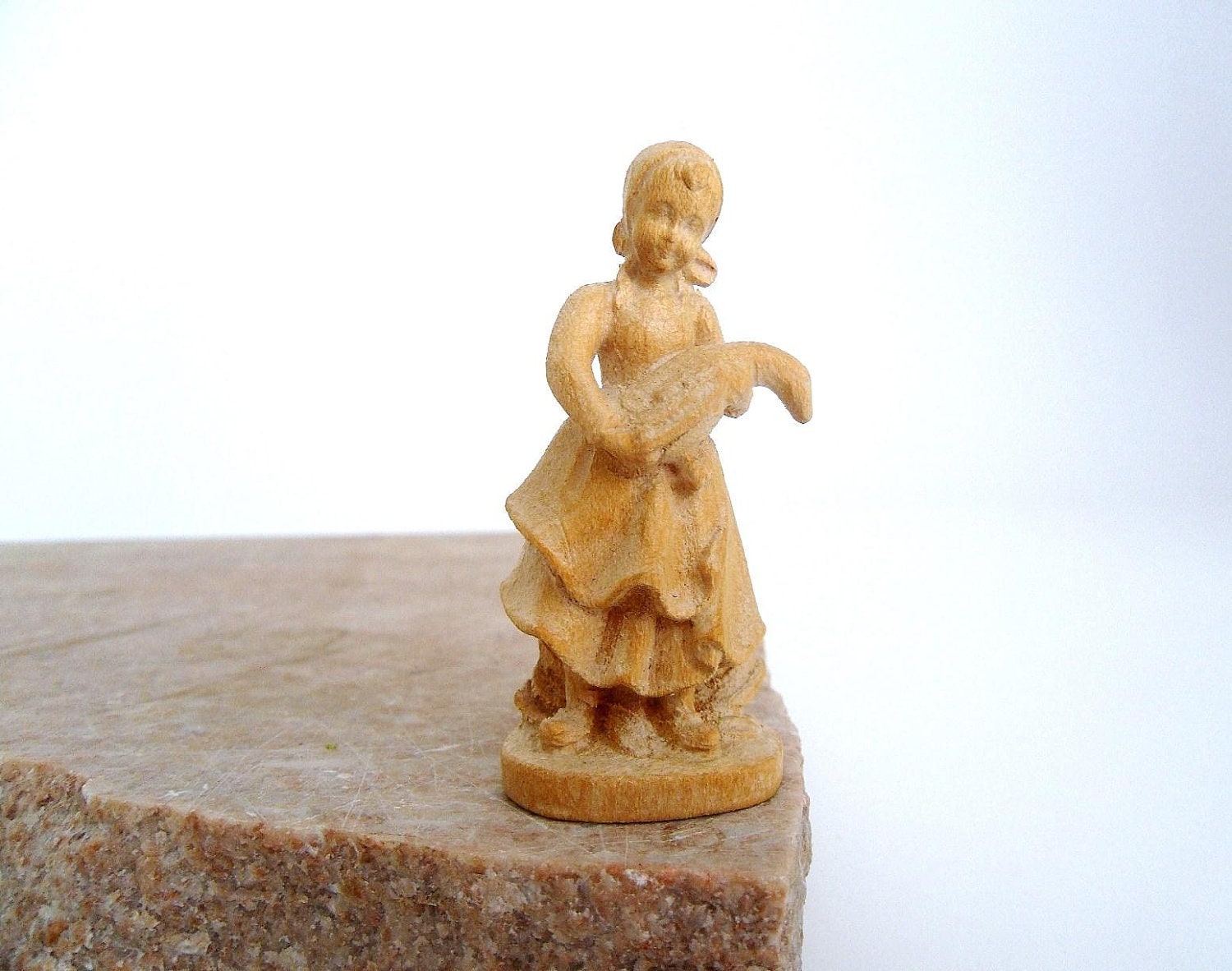 Tiny Wooden Figurine of a French Farm Girl with Goose
