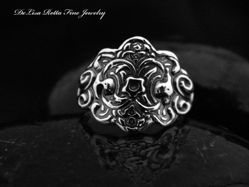 Recycled Silver Victorian Style Hand Carved Wedding Ring Engagement Ring Promise or Fashion Ring