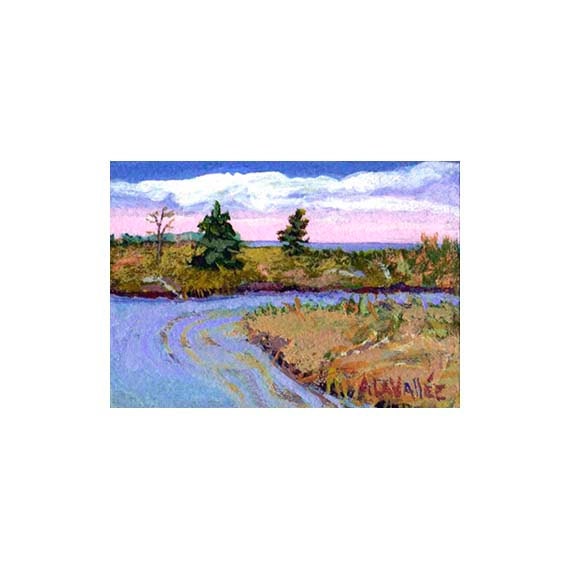 ACEO Matted to fit standard 5X7 frame Coastal Maine Spruce ,Pine 3.5  X 2.5 in  expressive ORIGINAL landscape painting., blue , pink , gold