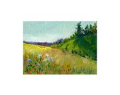 ACEO Pine Hill wildflowers , spruce, matted fits 5"X7" frame ORIGINAL  landscape painting, blue green yellow