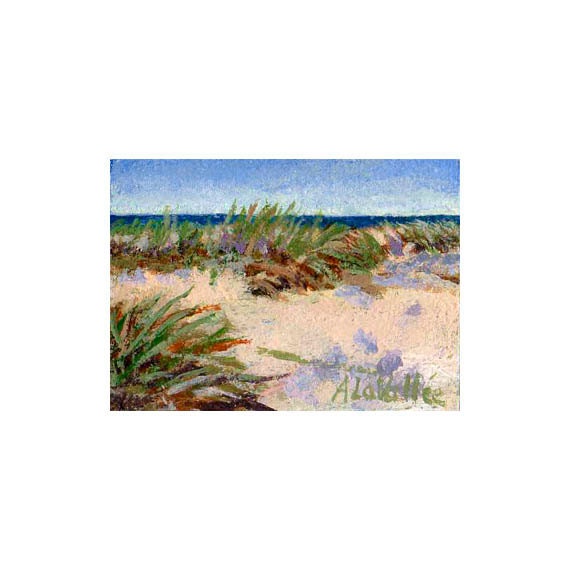 Small Original acrylic Painting .Wind Swept Sand Dunes ,matted to fit 5" X7" frame , ACEO expressive , texture , Blue Green beige - MyMainePaintings