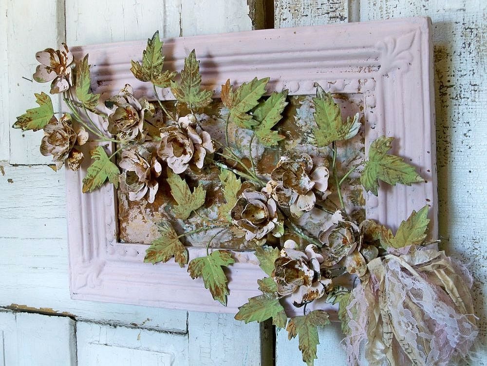 Ornate shabby chic toleware roses in pink frame hand painted up cycled floral design wall decor anita spero