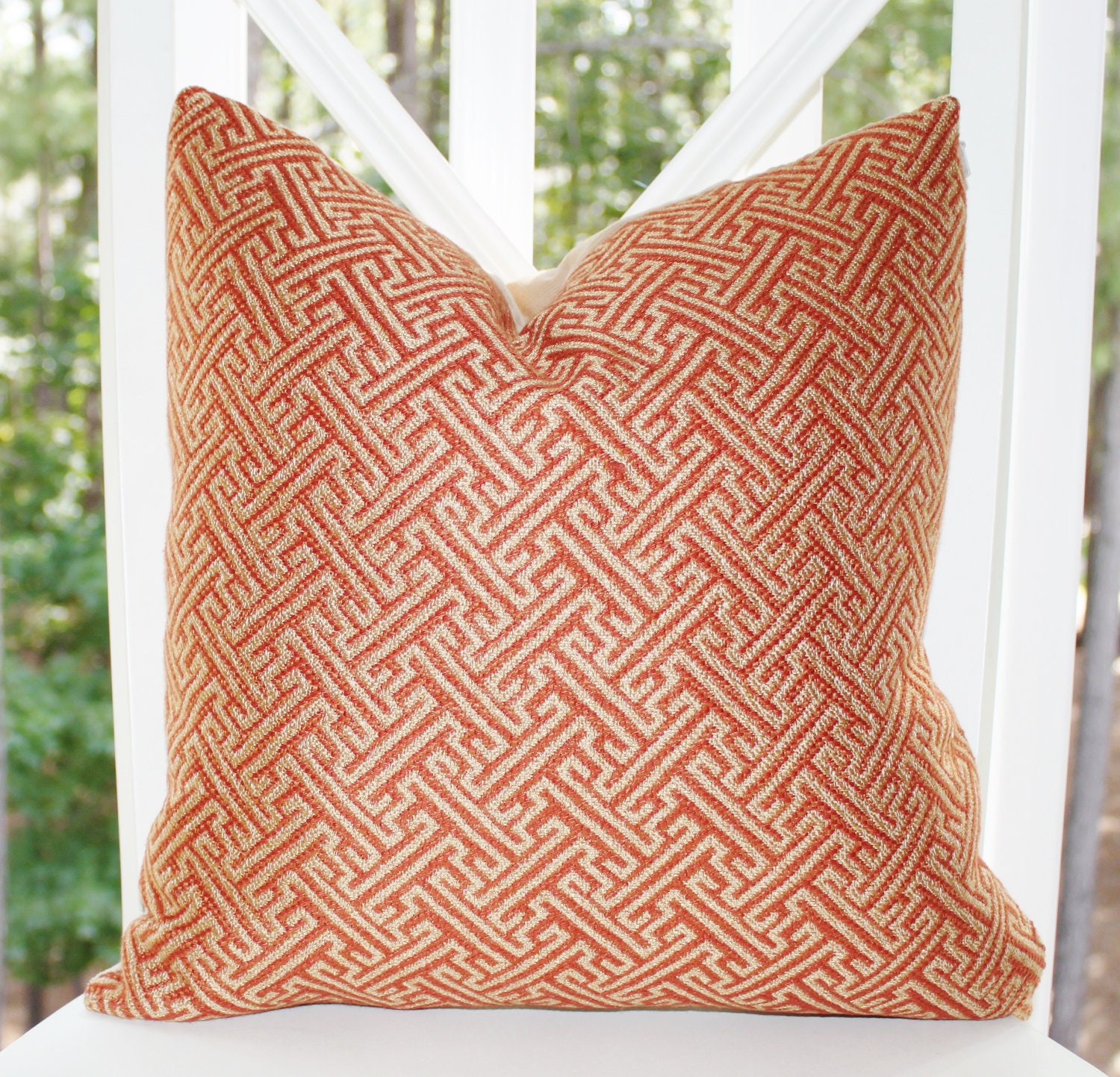 Decorative Designer Pillow - 18 x 18 Orange Beige Ivory Geometric Greek Key Trellis Designer Cover - Throw Pillow