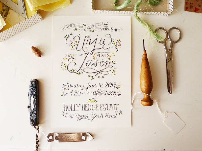 Rustic Garden Wedding, Hand Drawn Invitations