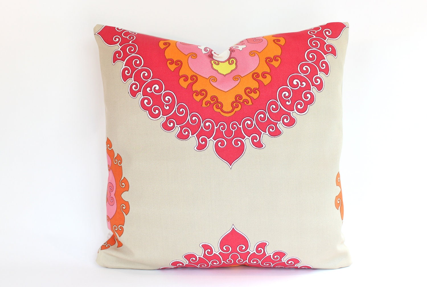 Designer Outdoor Pillow Covers- in Red, Orange Pink and Tan- Two 18x18 Pillow Covers