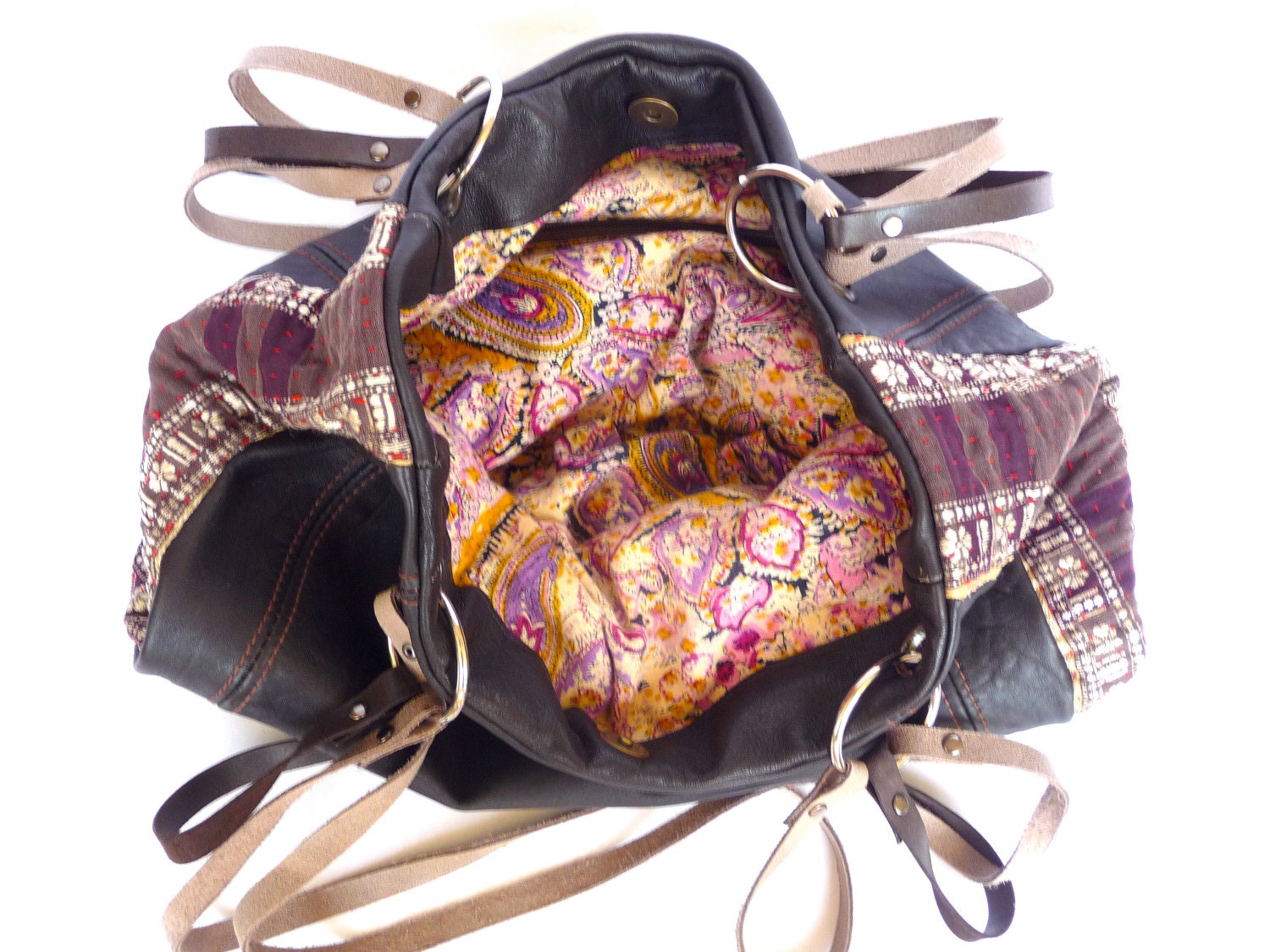 recycled leather and kantha quilt bag / tote