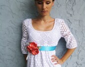 Peach & Aqua Blue Flower Sash. Flower Sash Belt. Fabric Flower Ribbon Sash. Wedding Accessory. Bridal Accessory. Feather Flower Sash.