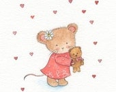 Childrens art Mouse watercolour painting PRINT 5 x 7 I love my bear Teddy bear Hearts Girl Cute Love