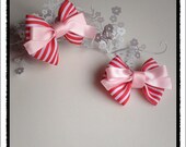 red and black stripe / mint polka dot pattern bow hair clip. set of two