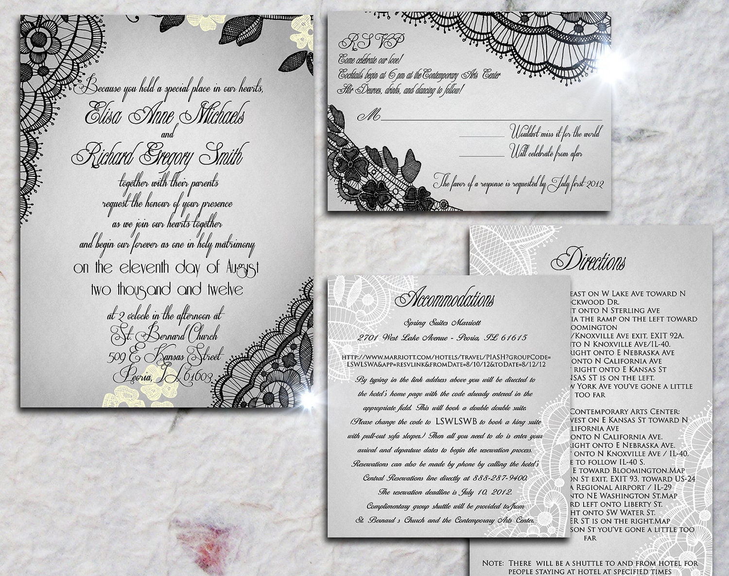 VINTAGE WEDDING INVITATIONS - Peoria Suite (Black and White invitation and rsvp card)