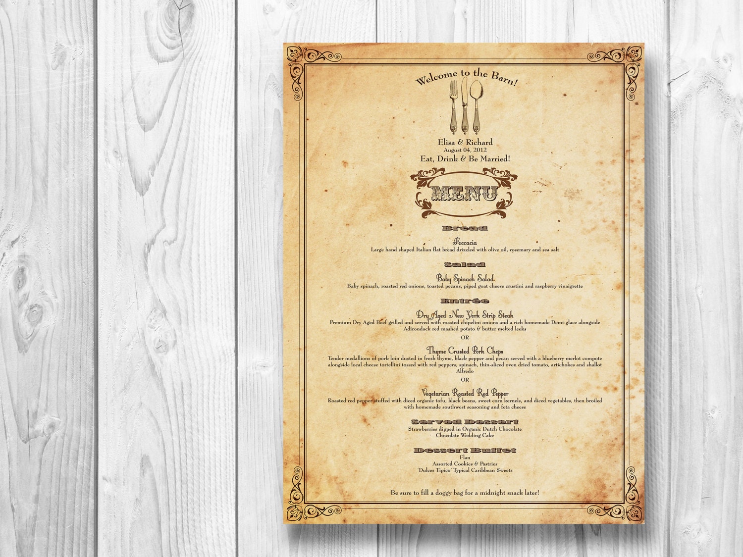 Wedding Menu vintage card - Printable or printed wedding menu