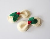 Christmas Felt Bow Hair Clip Set - Holy Flower - Hair Accesories Wool Felt  - Cream, Red and Green - Alligator