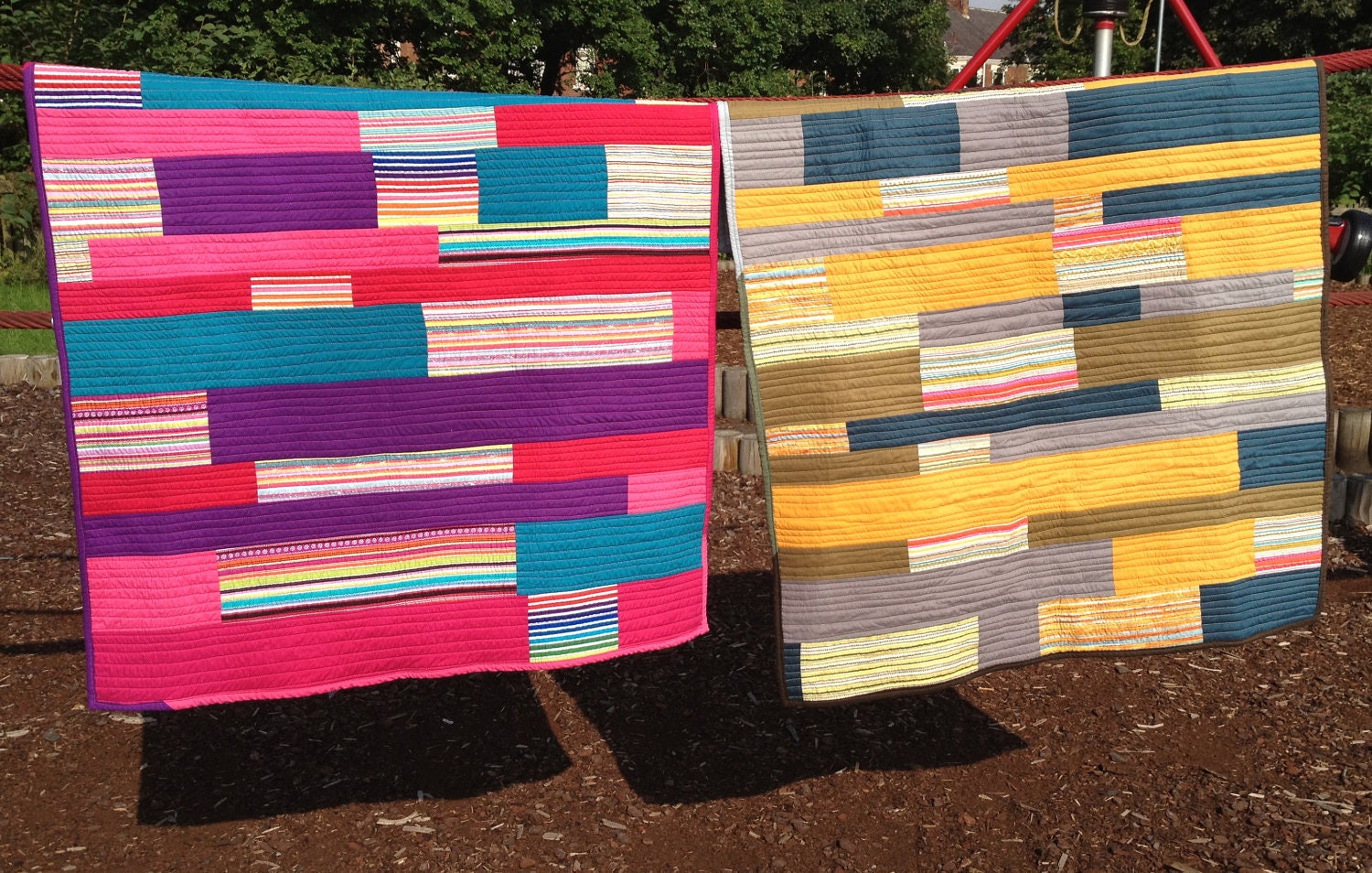 Geometric Stripe Quilt in Mustard Grey and Petrol Blue, Lap Quilt