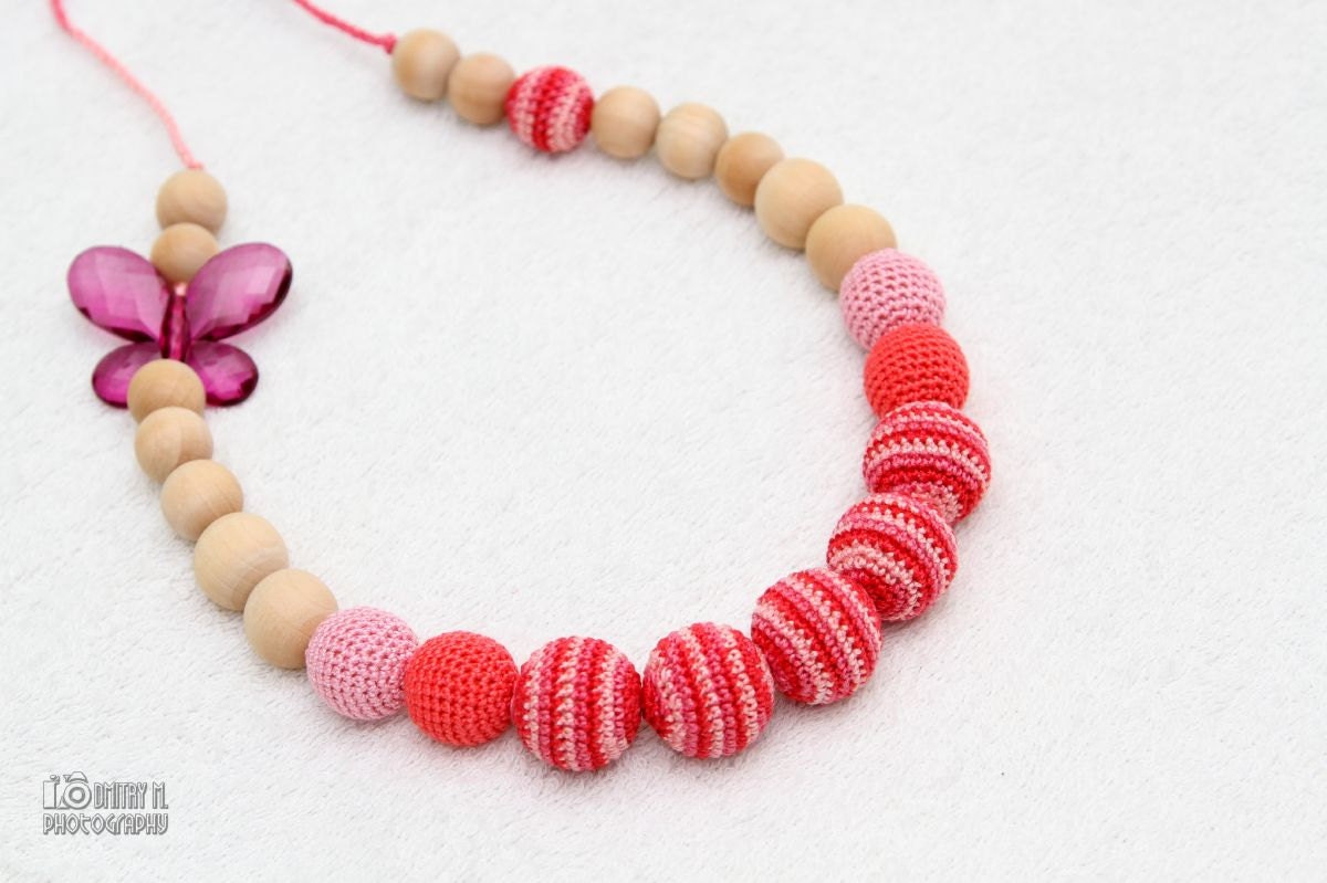 OOAK Certified Organic Nursing necklace/Teething necklace - crochet bead necklace for mom and baby in coral, pink and mix pink