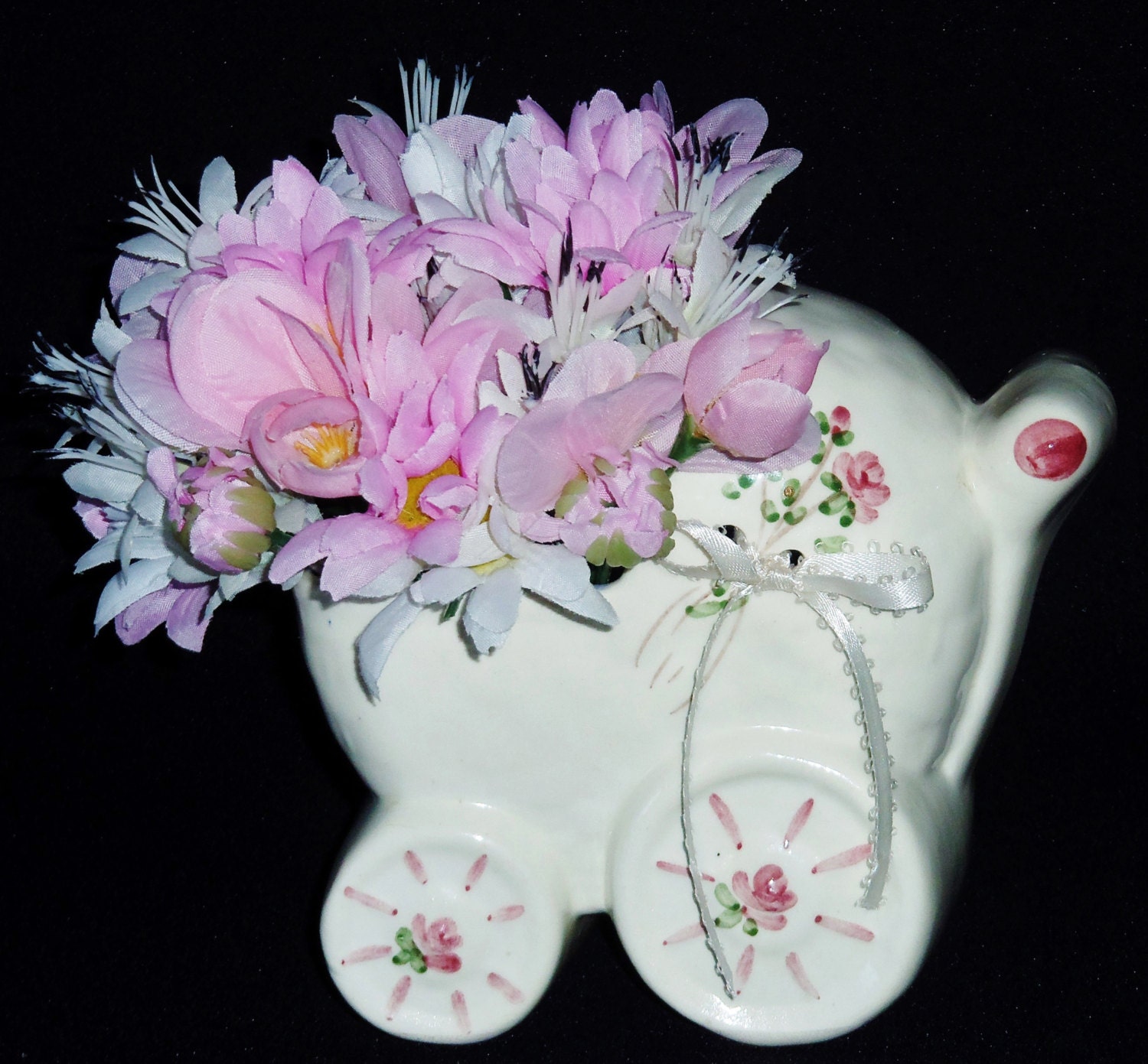 New Baby Girl Silk Floral Arrangement, Pink & White Daisies, White Jasmine, Cream Colored Baby Buggy, Artificial Flower Arrangement,