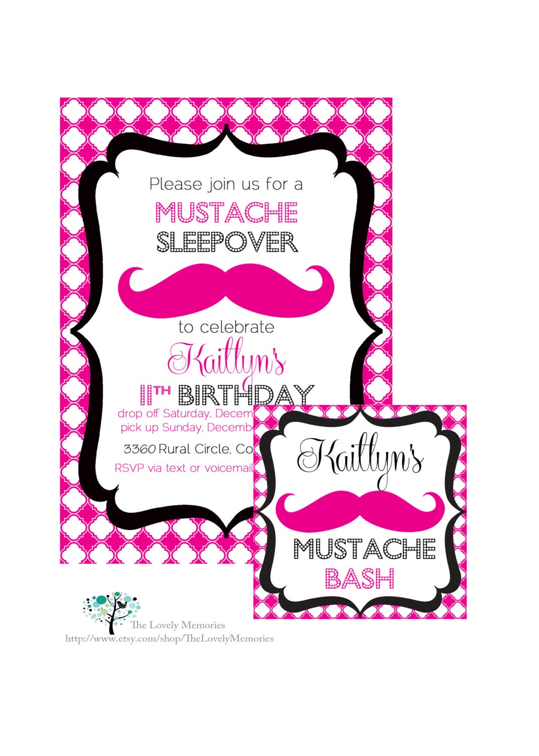 Mustache Sleepover Birthday Bash Printable Party Invitation/ Favor Tags Il_170x135