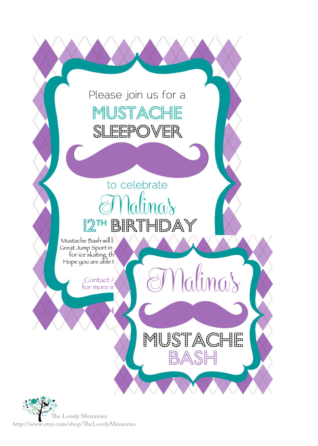Mustache Sleepover Birthday Bash Printable Party Invitation/ Favor Tags Il_170x135