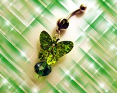 SALE-Belly Ring, Shimmery Green Glittery Butterfly with Swarovski Crystal, Belly Button Navel Ring, Belly Jewelry for her