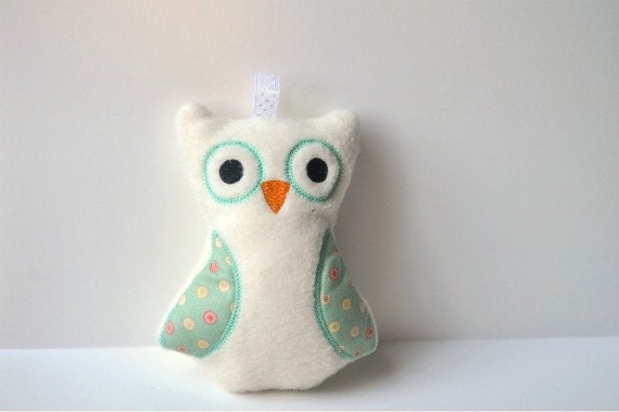 Woodland Owl Rattle Toy - Baby Owl Rattle - White and Teal Baby Rattle