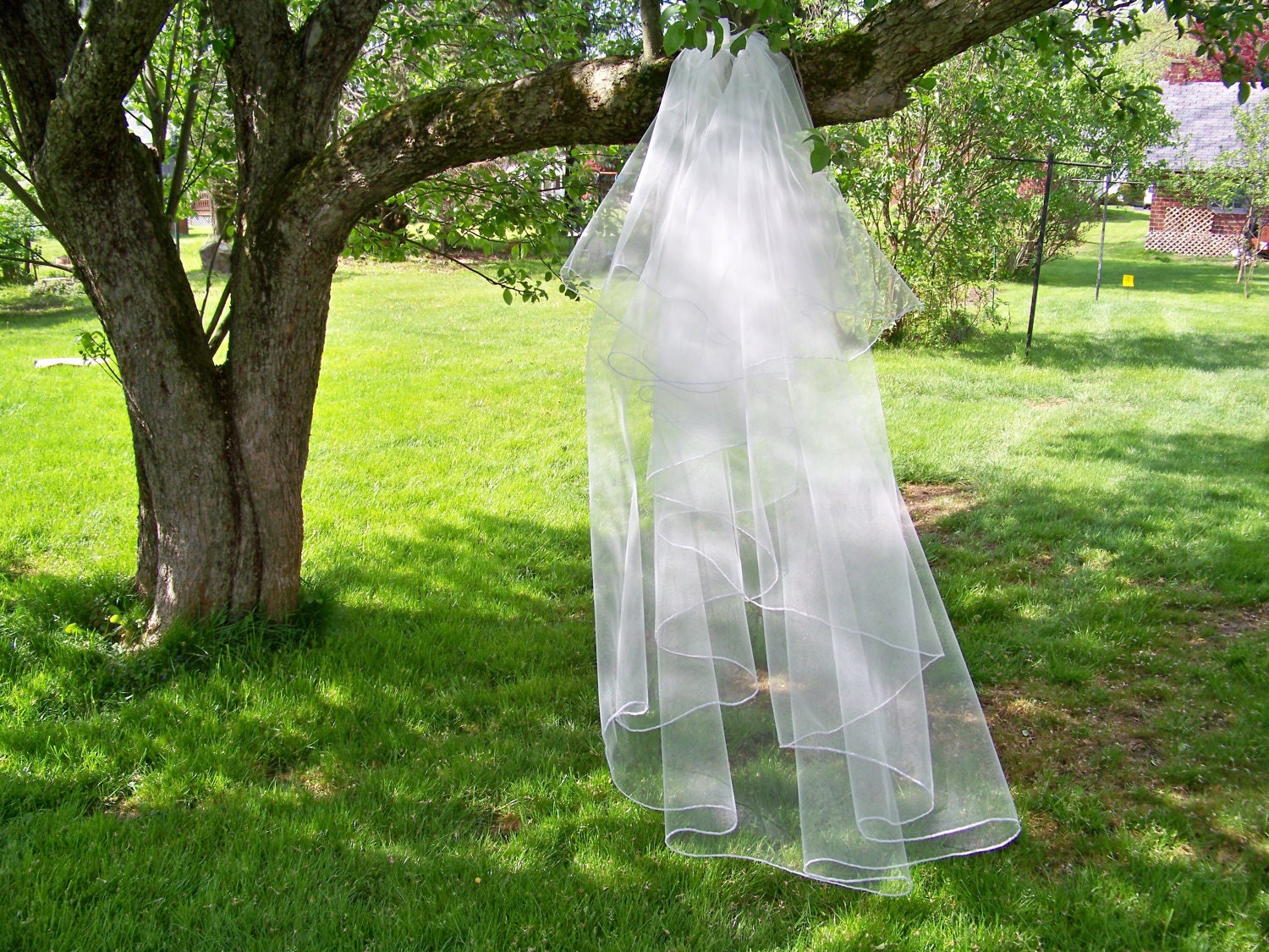 Custom Chapel Length Wedding Veil Made to Order Blusher 2 Tier Silver Pencil Edge