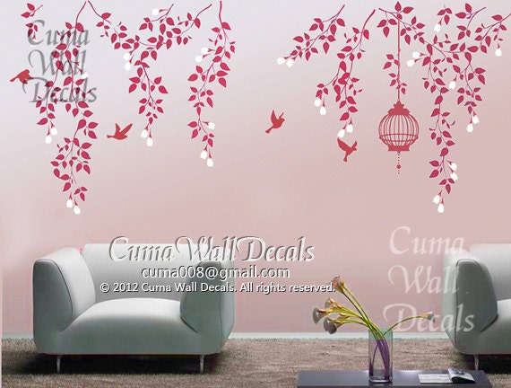 branch wall decal nursery wall decals vinyl vine wall sticker birdcage birds wall decor mural - pink flowers birdcage and birds Z120 cuma