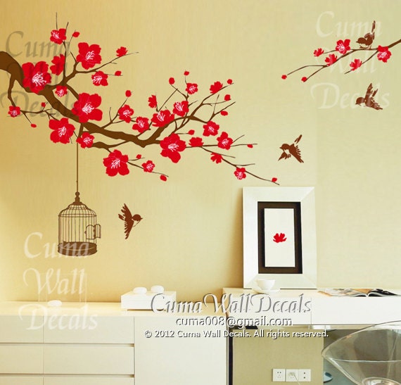 flower wall decal tree wall decals flower vinyl wall decals birdcage wall mural birds nursery wall decal nature- flower birds Z157 cuma