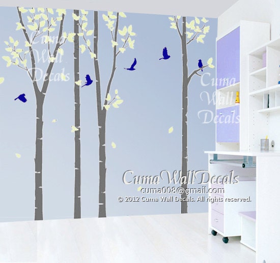 Vinyl wall decals tree and birds wall decal nursery bird murals wall sticker children wall decal- birch tree with bitds in forest Z105 cuma