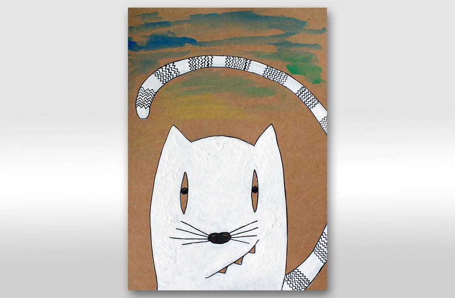 Original painting White Cat ink and acrylic art. Animal Kitty Smile illustration for nursery decor "Secret" A4 size 12x8 gift for cat lover