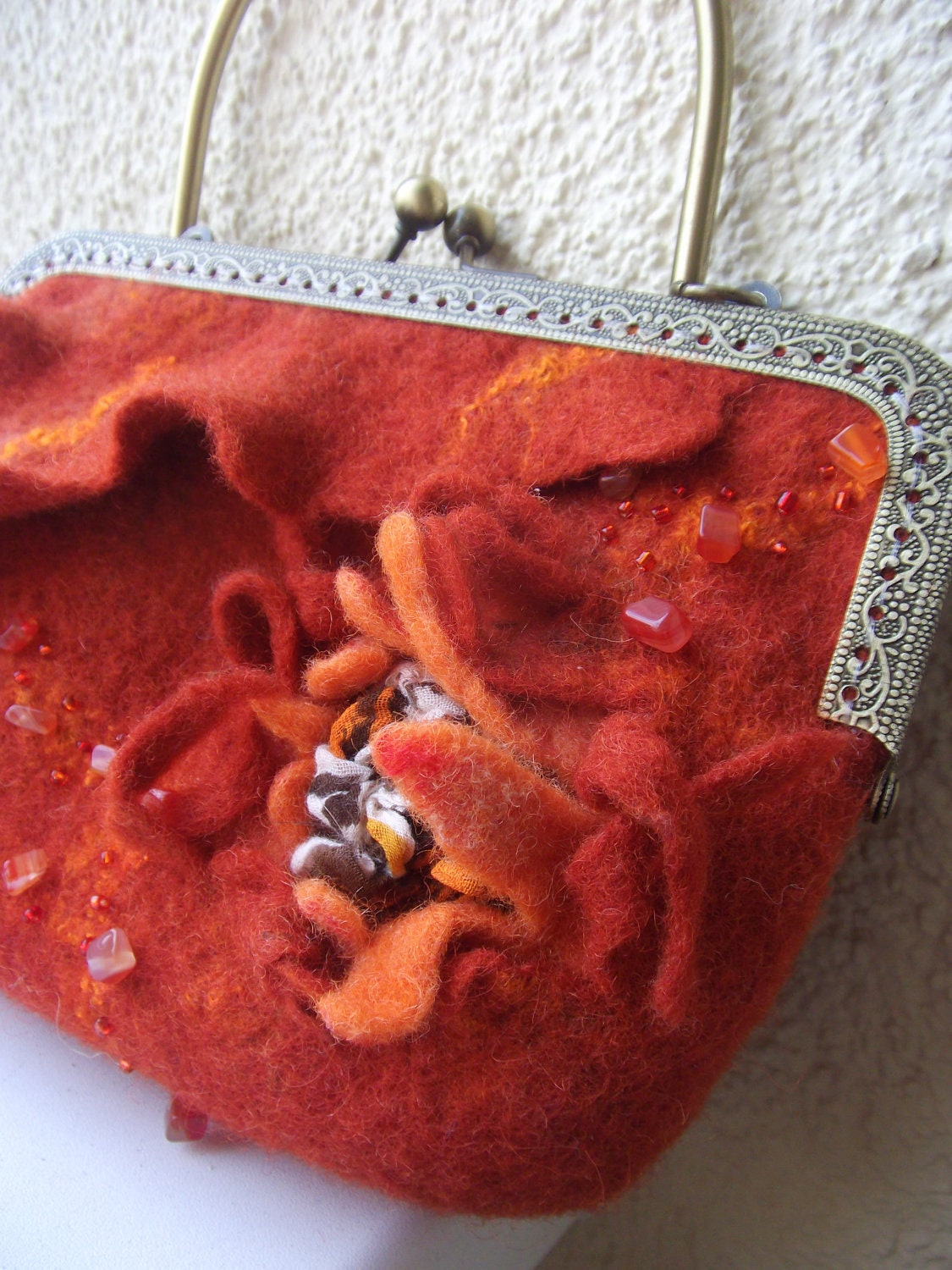 Nunofelted purse, Small bag, red orange hand crafted with flower, eco friendly, gift under 50