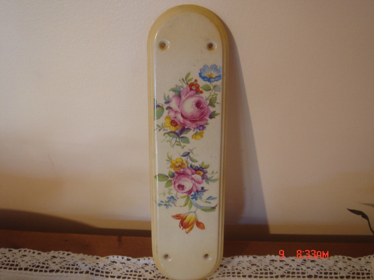 Vintage European Delicate Hand Painted floral design on a  Porcelain tile. Beveled edge.