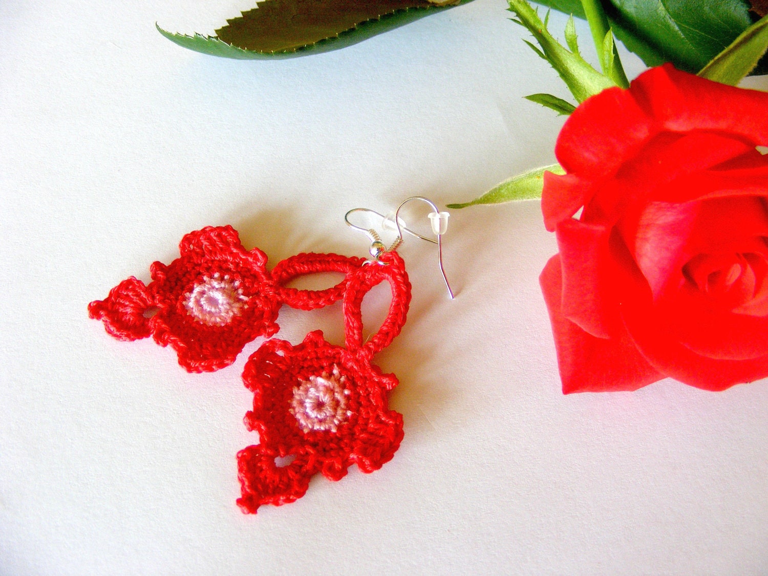 Crochet Romantic Earrings Red Fashion Dangle Orginal Design - AmayArt