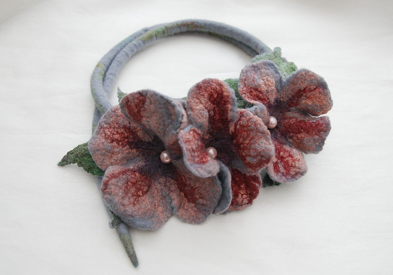 Felted flower necklace /collar belt - wool, pink ,green, grey, nuno felt ,silk ,fiber art ,boho