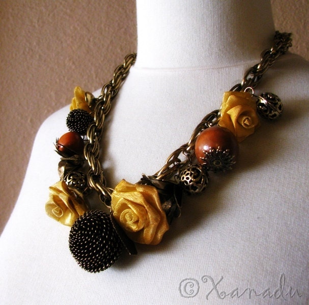 Golden Autumn Treasures Fall Themed Brass Statement Necklace - Made With Hand Folded Metallic Rose Flowers