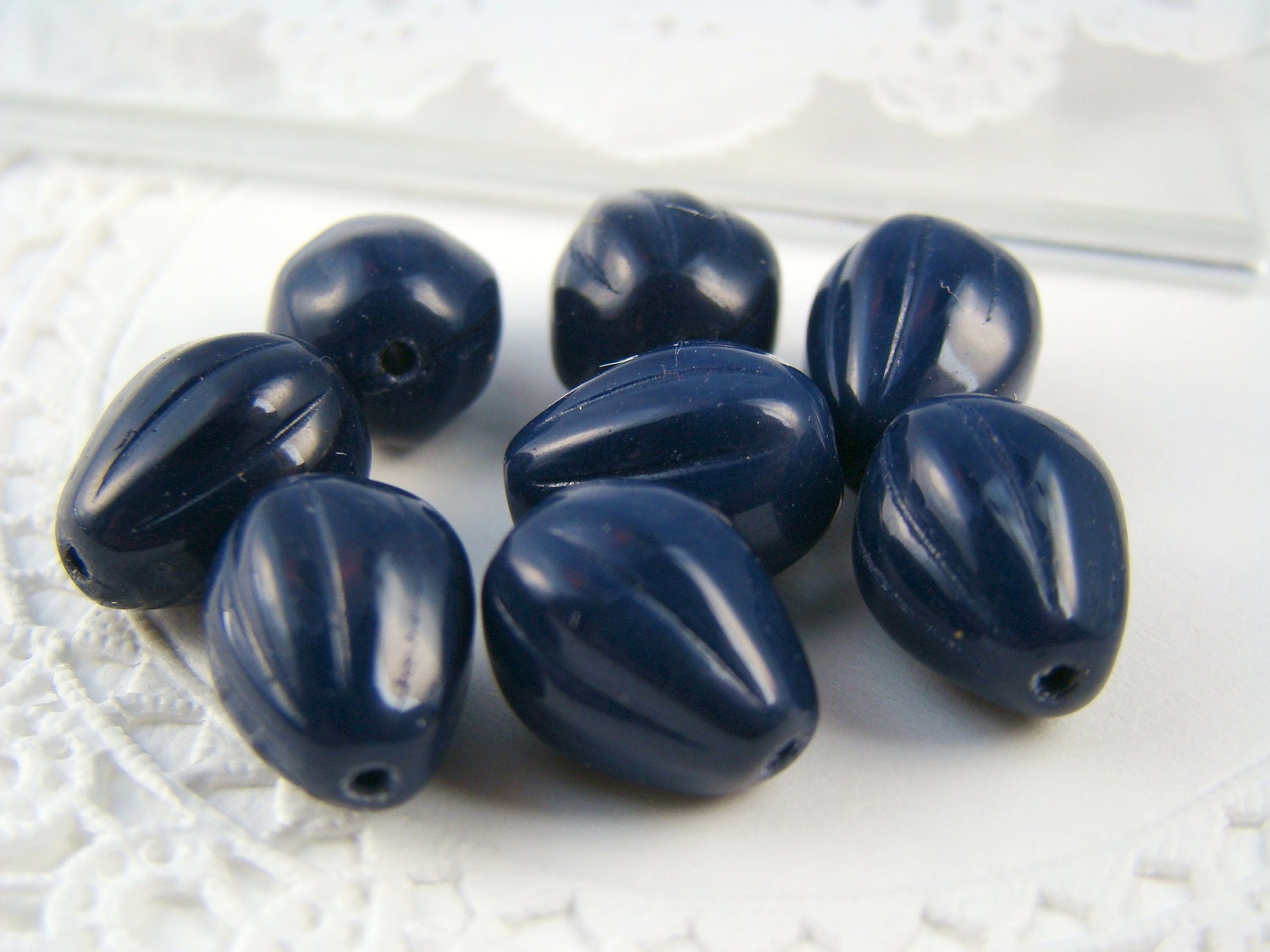 Vintage Navy Blue Teardrop Beads Fluted Glass  ear Shape  10x8mm (8)