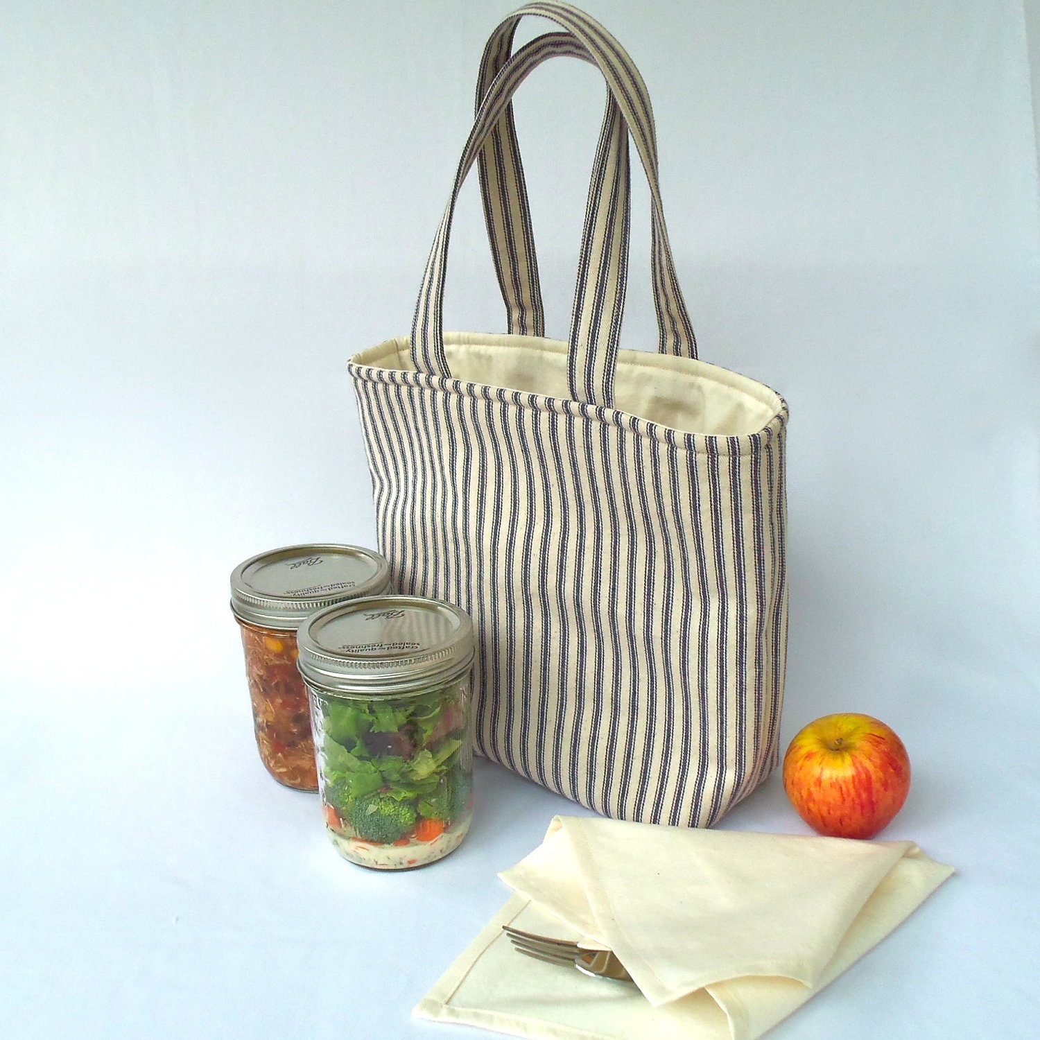 Jars to Go blue ticking stripe mason jar lunch bag - as seen on the Food in Jars blog