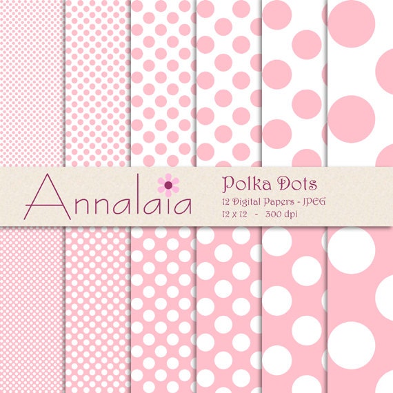 INSTANT DOWNLOAD Digital Paper Pack: Pink and White Polka Dots Scrapbook Paper 12x12 8,5x11 Commercial Use 002