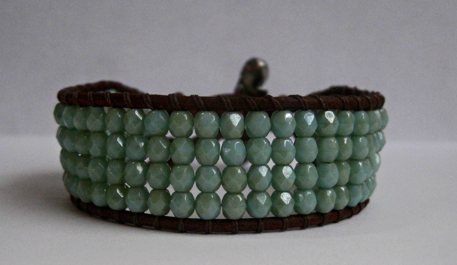 Beaded Leather Cuff, Mermaid's Tail Seafoam Stardust, pale turquoise, Boho chic, Beach